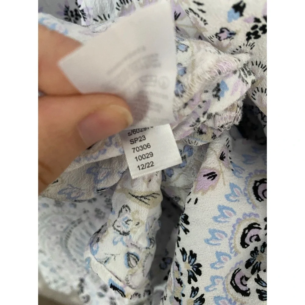 Loft Swing Dress Womens L White Blue Paisley Floral Puff Sleeve V-Neck Boho